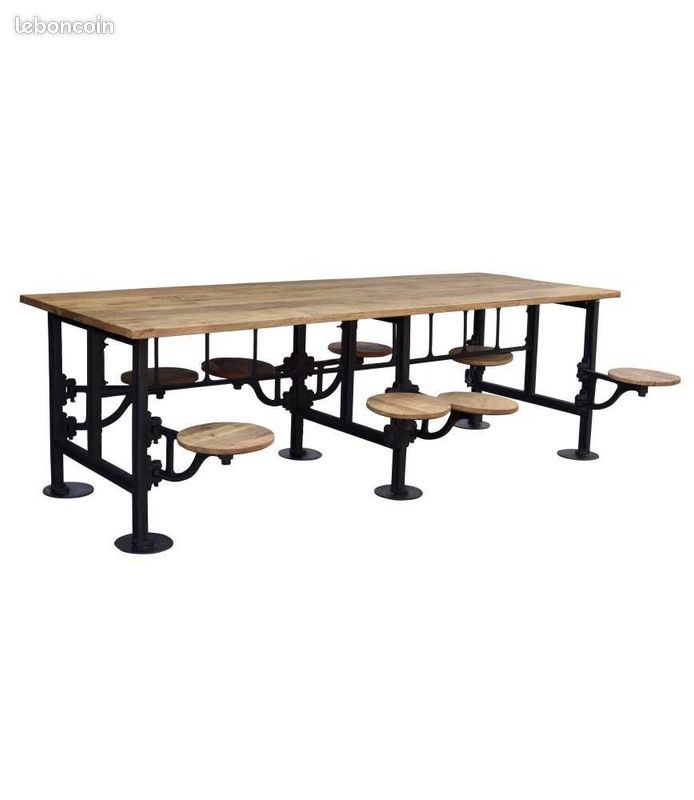 Grande Table Industrielle avec 8 Tabourets Intégrés – Bois de Manguier & Fer ANTIC LINE