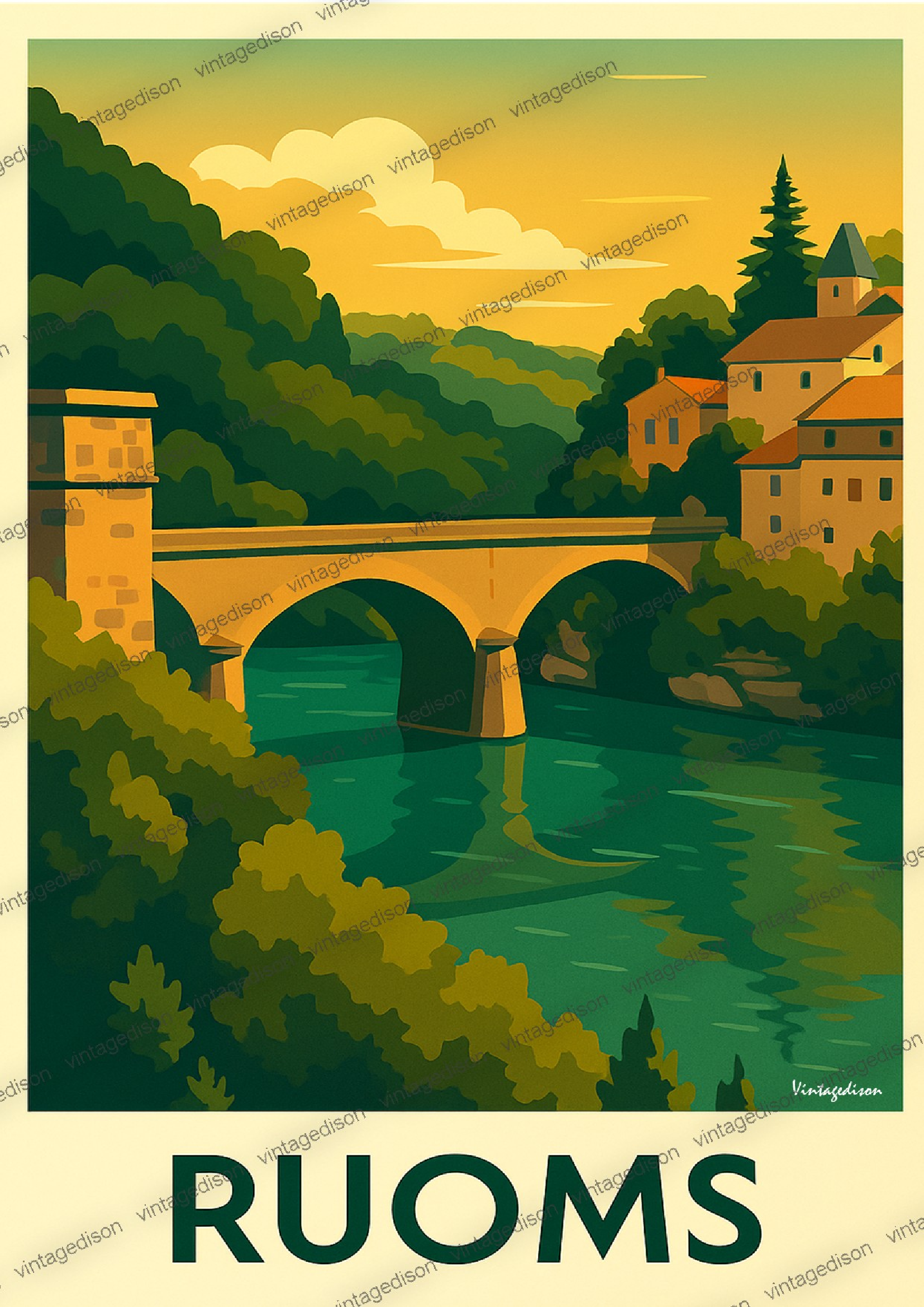 Affiche rétro Ardèche ruoms encadré Vintagedison