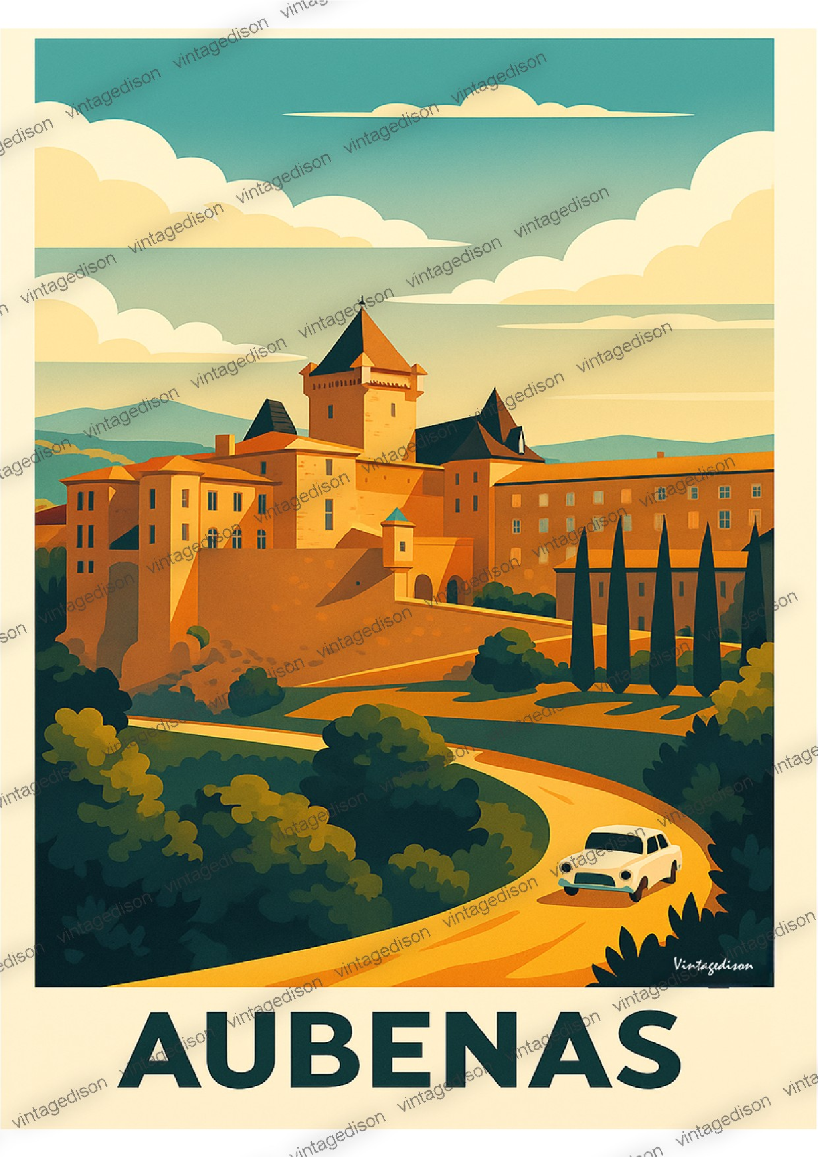 Affiche rétro Ardèche Aubenas encadré Vintagedison