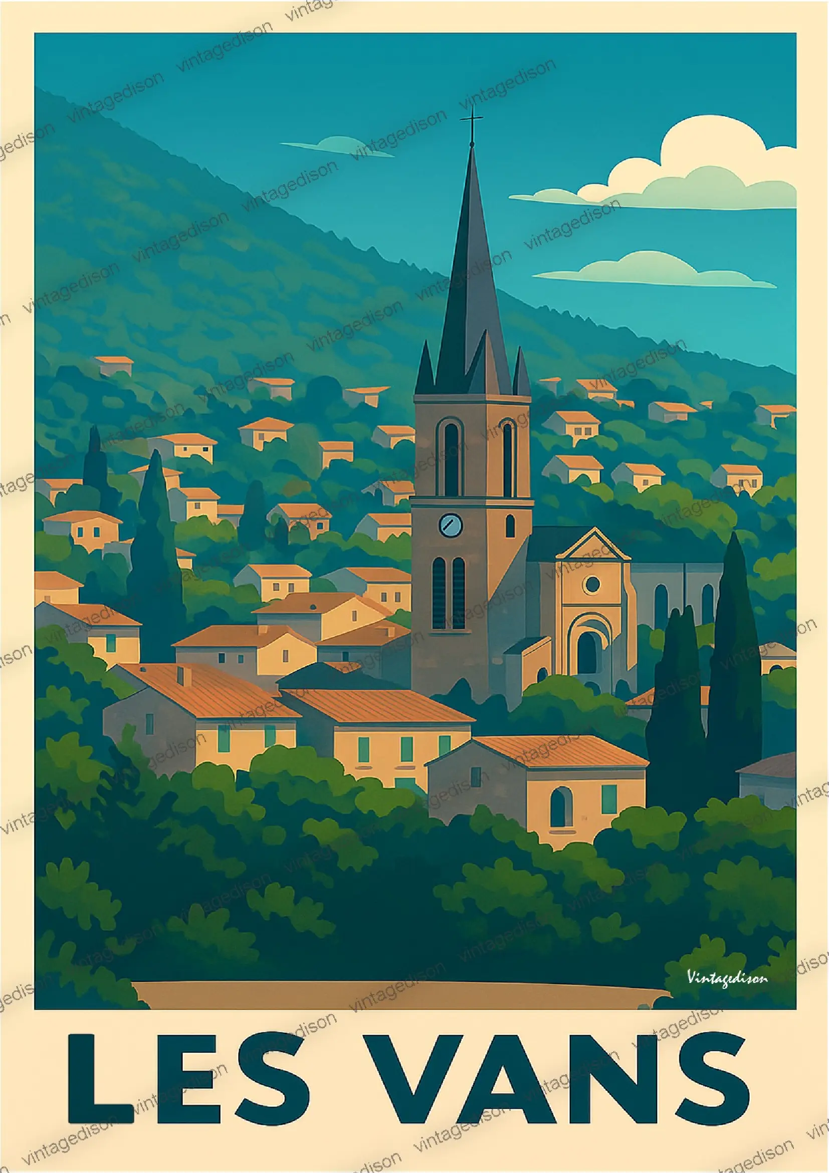 Affiche rétro Ardèche les vans encadrée Vintagedison