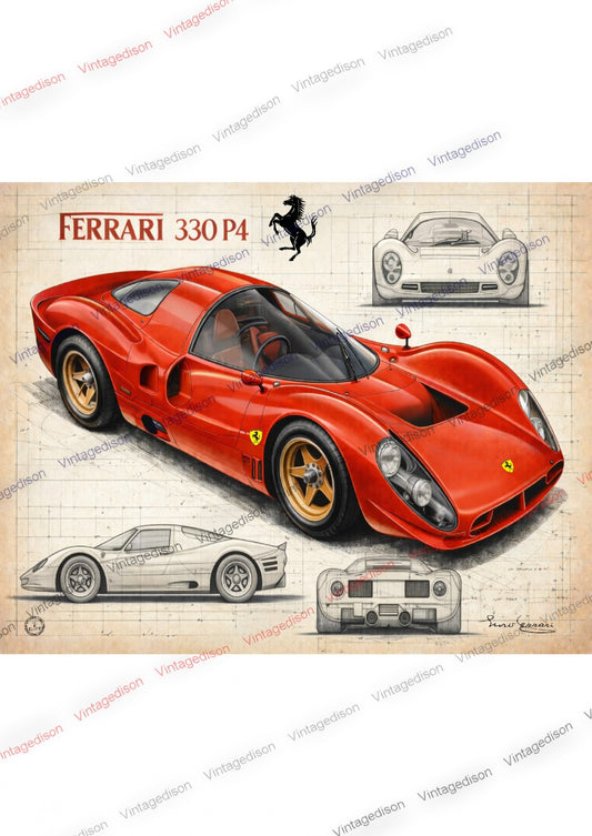 Cadre Ferrari 330 P4 40x50 cm – Affiche voiture vintage encadrée – Décoration murale automobile rétro – Idée cadeau passionné auto