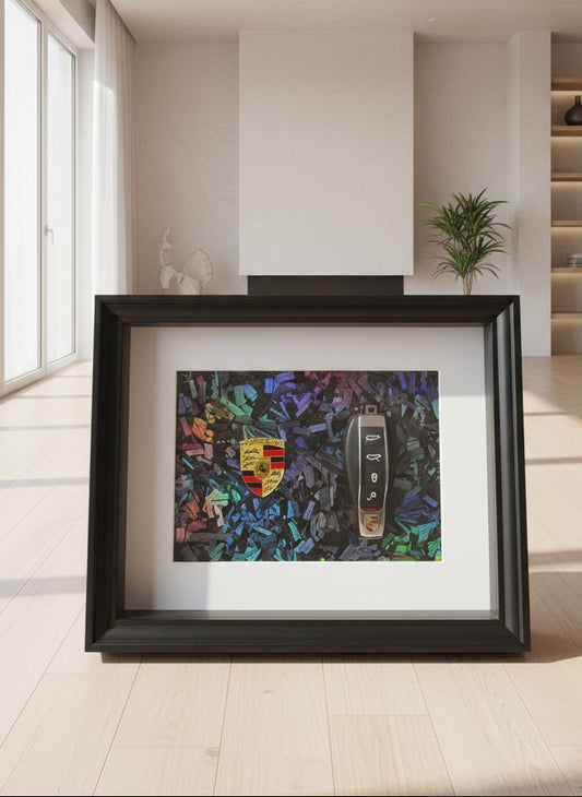 Cadre décoratif Porsche – Clé Porsche & logo métallisé sur fond carbone forgé gris (Format 20 × 25 cm)