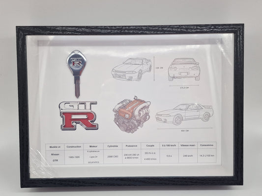 Cadre décoratif Nissan GTR – Clé Nissan GTR & plan technique du modèle (Format A4)