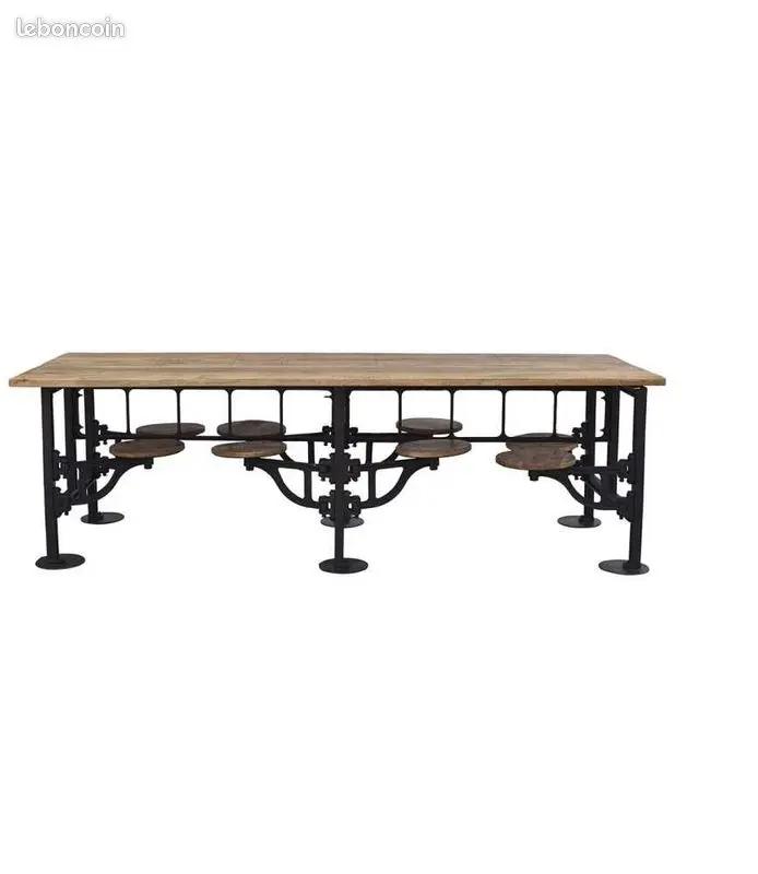 Grande Table Industrielle avec 8 Tabourets Intégrés – Bois de Manguier & Fer ANTIC LINE