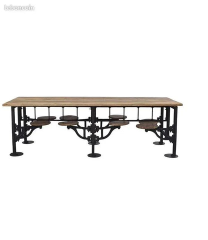 Grande Table Industrielle avec 8 Tabourets Intégrés – Bois de Manguier & Fer ANTIC LINE
