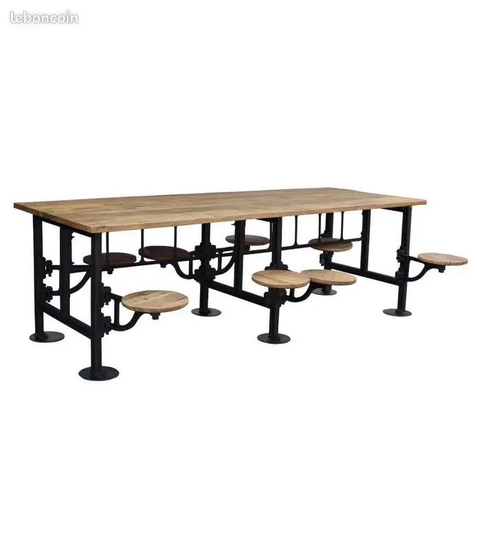 Grande Table Industrielle avec 8 Tabourets Intégrés – Bois de Manguier & Fer ANTIC LINE