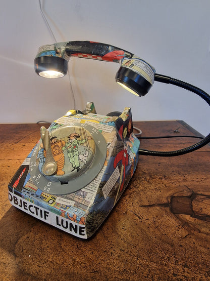 Lampe Téléphone Vintage upcycling Tintin Objectif Lune