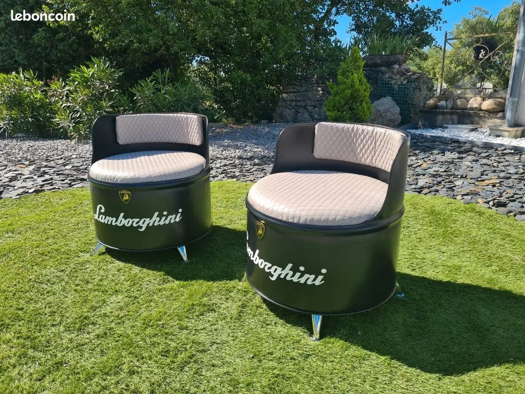 Lot de 2 Fauteuils Industriels Lamborghini – Réalisés à partir d’Anciens Barils d’Huile 200L Vintagedison