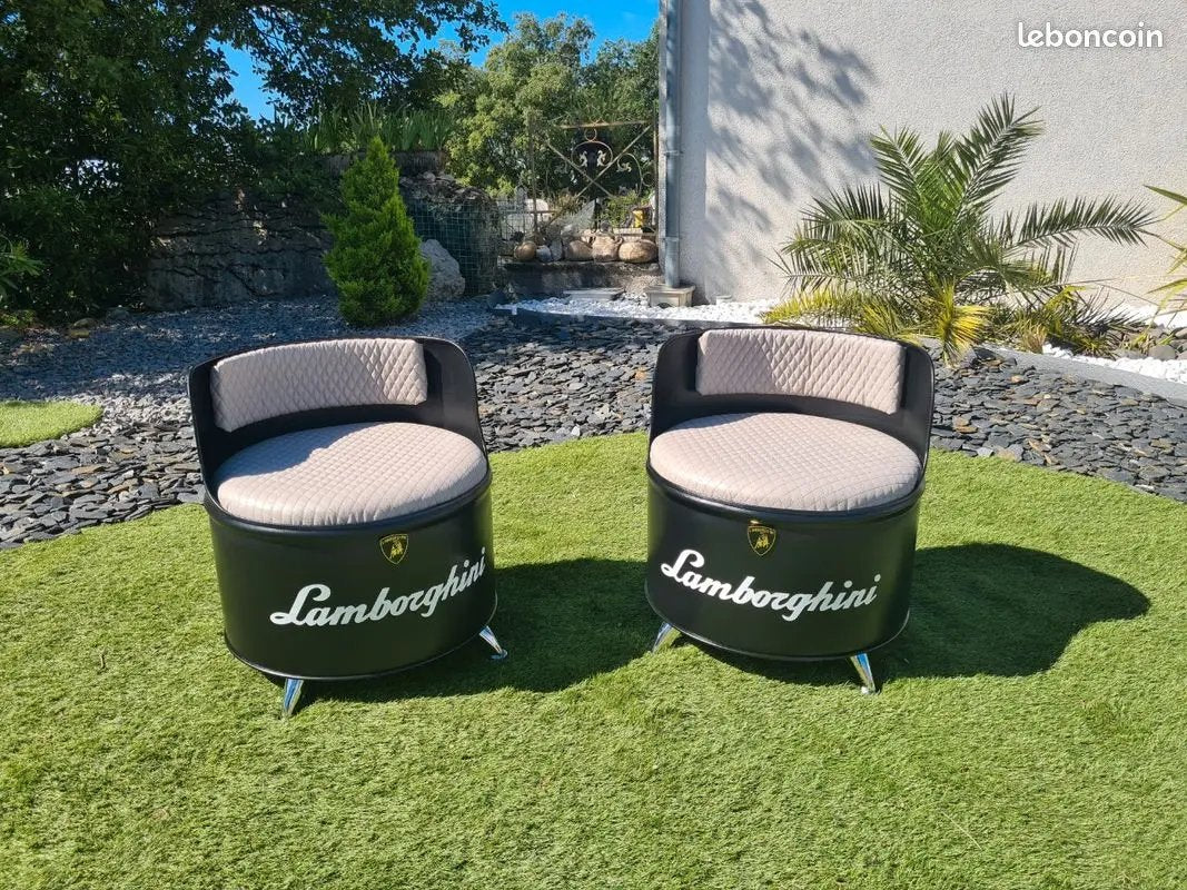 Lot de 2 Fauteuils Industriels Lamborghini – Réalisés à partir d’Anciens Barils d’Huile 200L Vintagedison