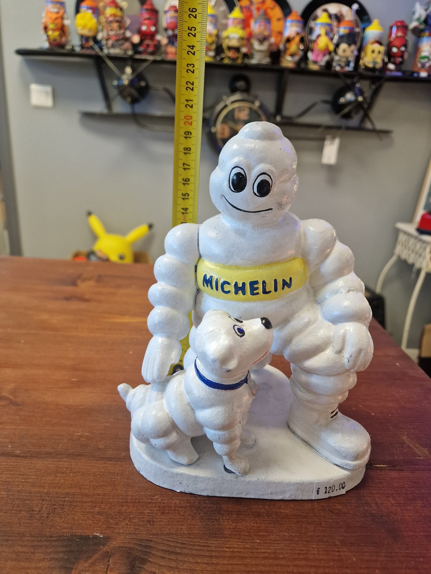 Statuette Michelin Bibendum en fonte avec chien – Sculpture publicitaire vintage en métal 20 cm