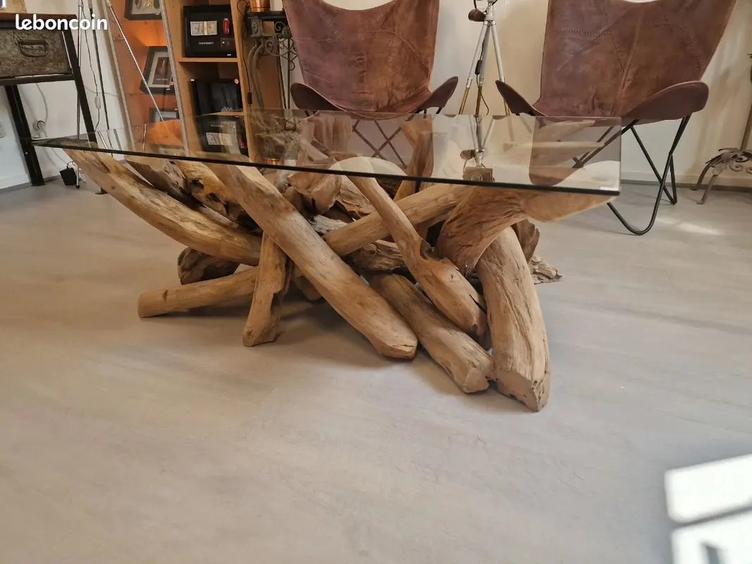 Table Basse en Verre et Bois Flotté – Pièce Unique Vintagedison