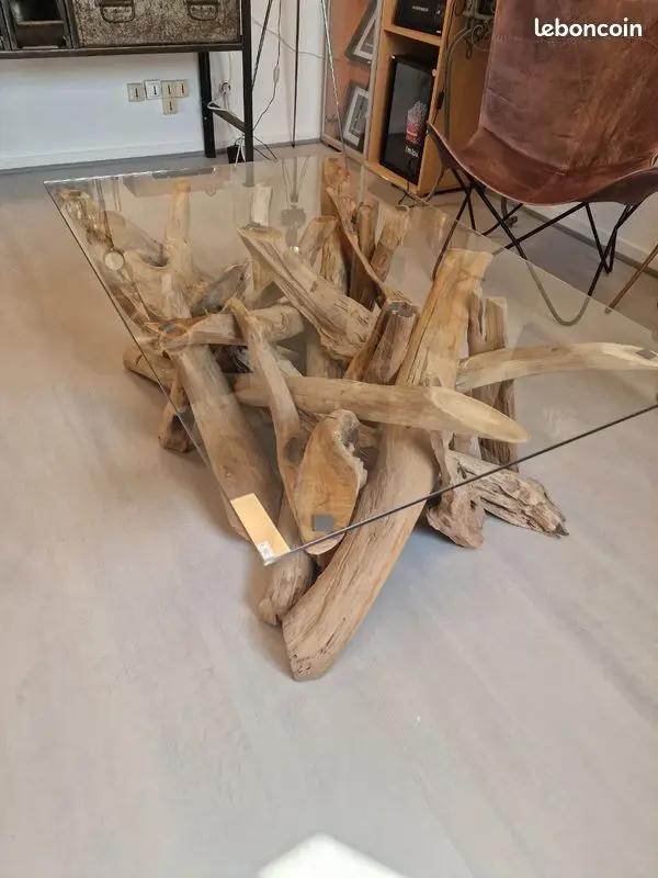 Table Basse en Verre et Bois Flotté – Pièce Unique Vintagedison