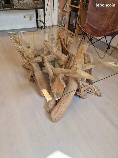 Table Basse en Verre et Bois Flotté – Pièce Unique Vintagedison