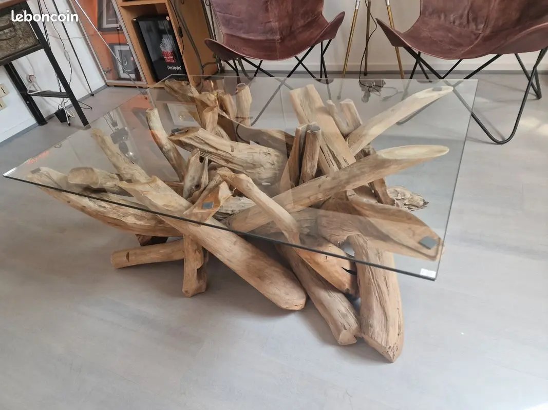 Table Basse en Verre et Bois Flotté – Pièce Unique Vintagedison