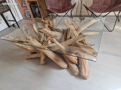 Table Basse en Verre et Bois Flotté – Pièce Unique Vintagedison