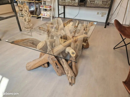 Table Basse en Verre et Bois Flotté – Pièce Unique Vintagedison