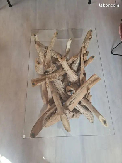 Table Basse en Verre et Bois Flotté – Pièce Unique Vintagedison