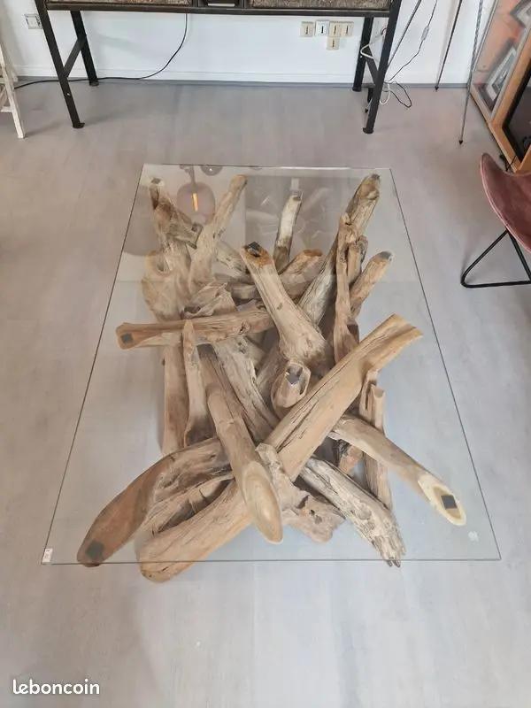 Table Basse en Verre et Bois Flotté – Pièce Unique Vintagedison