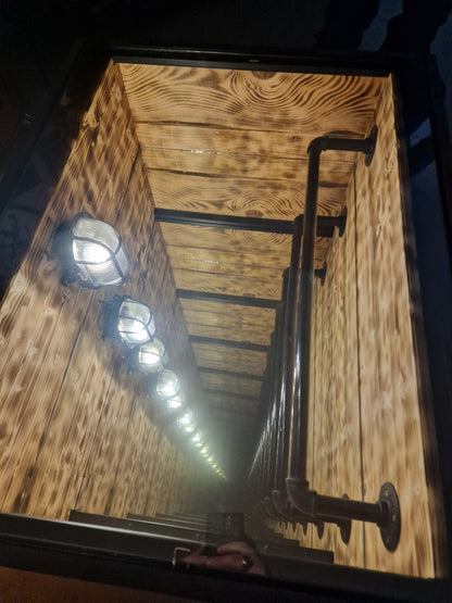 Table basse industrielle effet miroir infini – Pièce unique artisanale