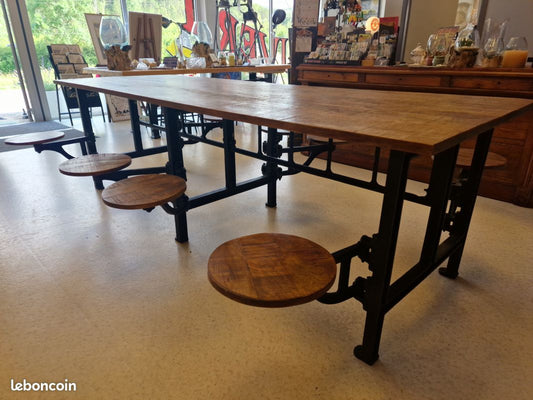 Grande Table Industrielle avec 8 Tabourets Intégrés – Bois de Manguier & Fer ANTIC LINE