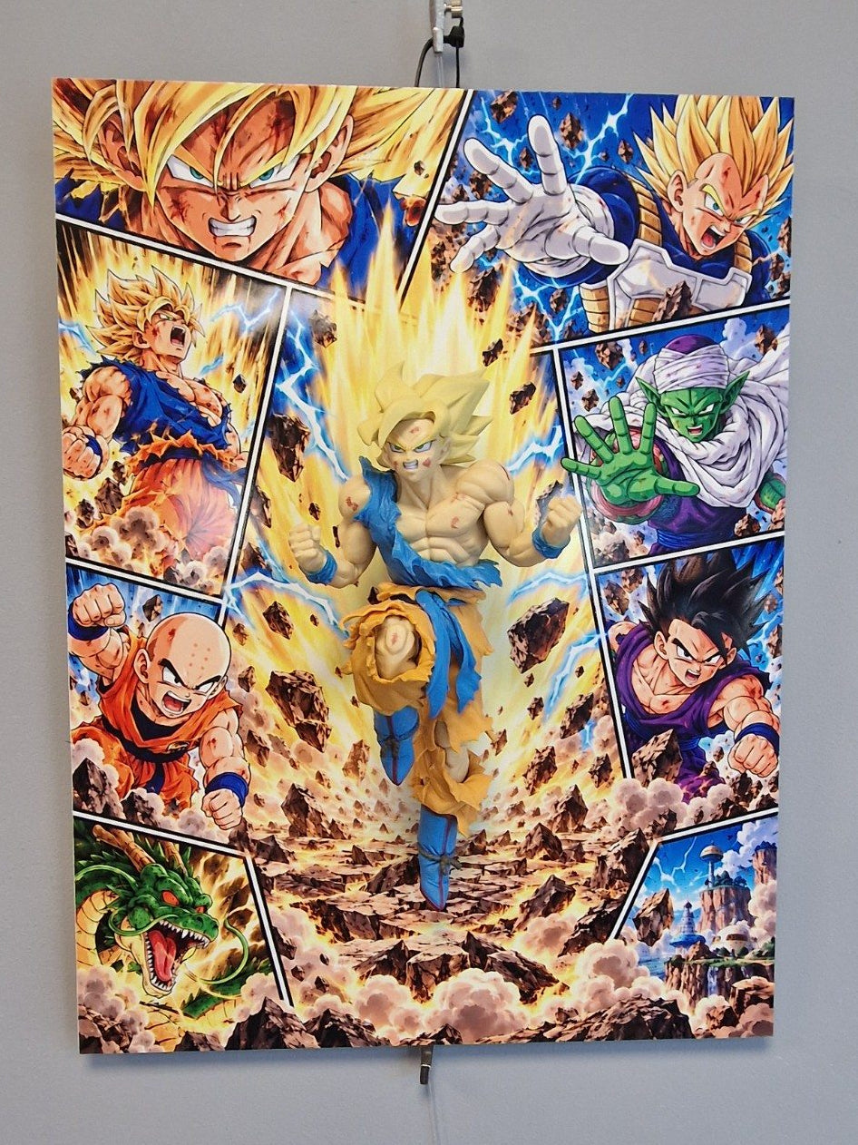 Tableau Dragon Ball Goku Super Saiyan avec figurine en relief, 30 × 40 cm, vue 1 – VINTAGEDISON