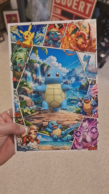 Tableau Pokémon Carapuce 3D – Cadre Manga en Relief sur Dibond 20 × 30 cm