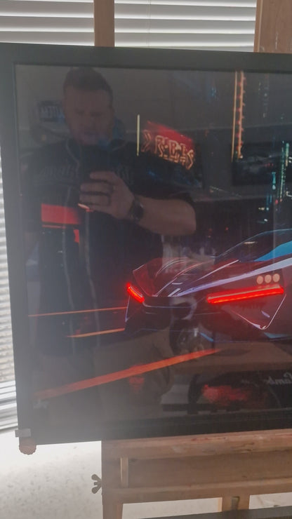 Cadre voiture futuriste 54×74 avec néons rouges – Voiture cyberpunk – Création artisanale Ardèche