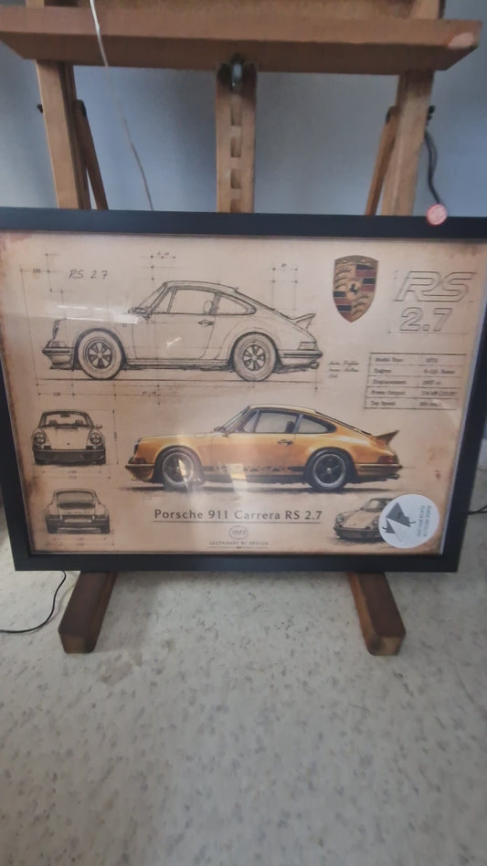 Cadre Porsche 911 Carrera RS 2.7 – Affiche Vintage Style Blueprint | Décoration Murale Automobile Handmade