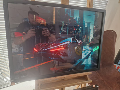 Cadre voiture futuriste 54×74 avec néons rouges – Voiture cyberpunk – Création artisanale Ardèche