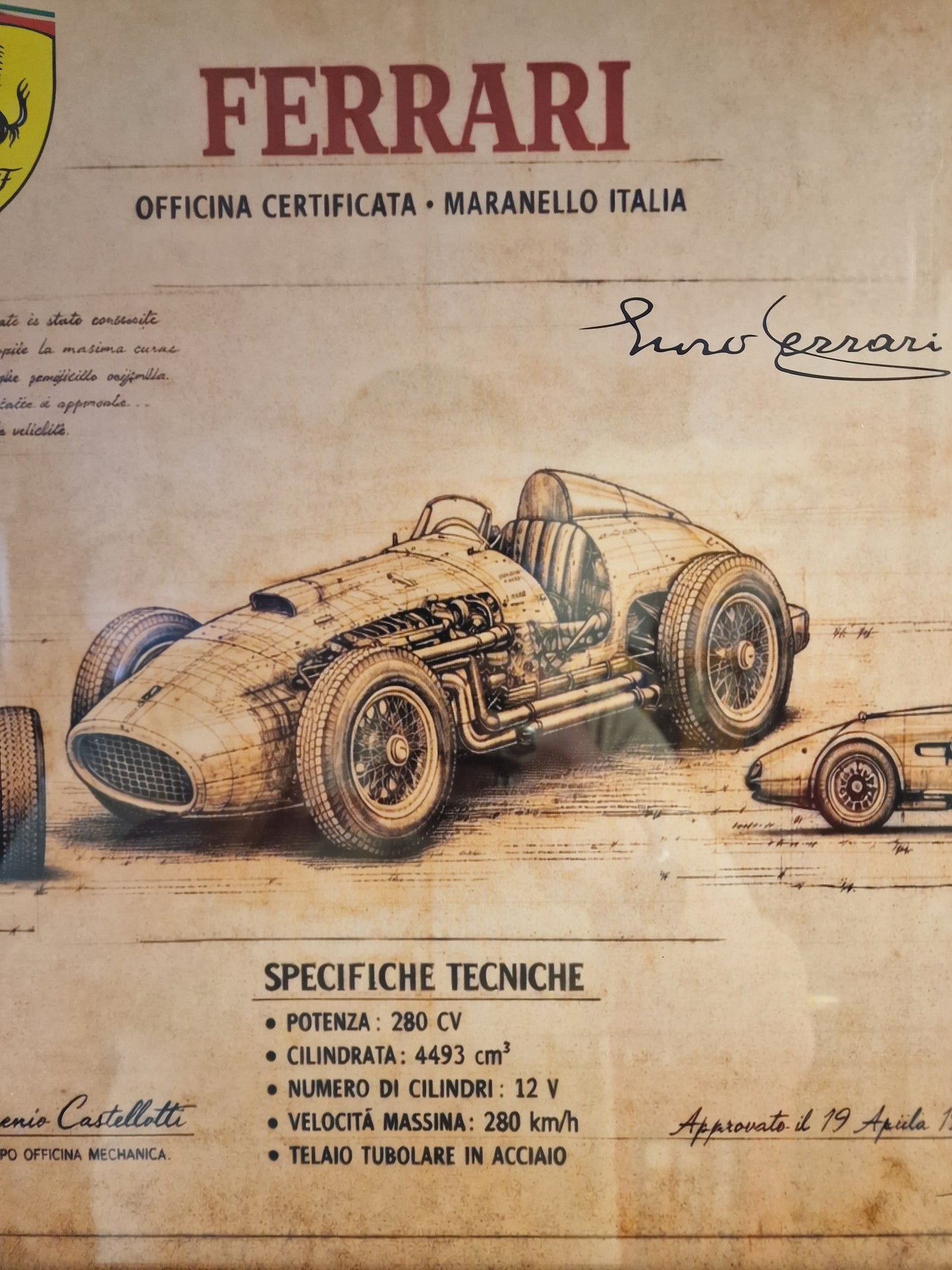 Cadre Ferrari 40x50 cm – Illustration technique vintage sous verre avec moulures