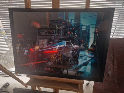 Cadre voiture futuriste 54×74 avec néons rouges – Voiture cyberpunk – Création artisanale Ardèche