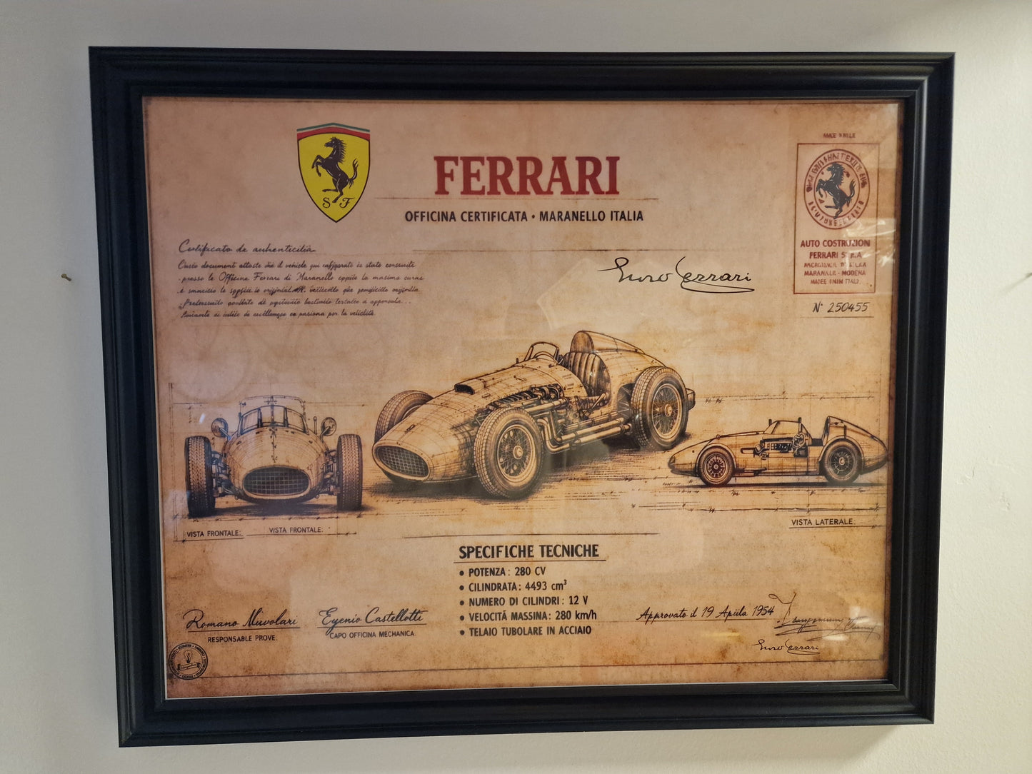 Cadre Ferrari 40x50 cm – Illustration technique vintage sous verre avec moulures