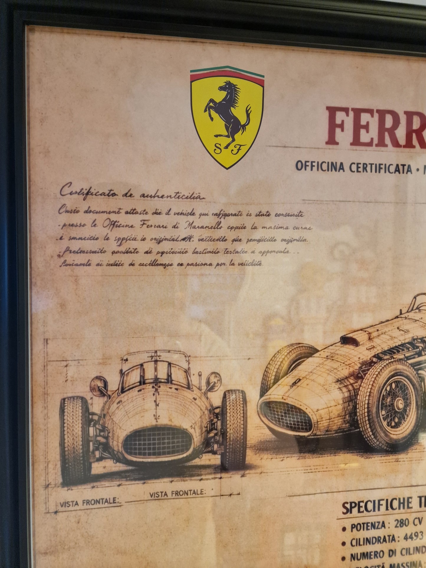 Cadre Ferrari 40x50 cm – Illustration technique vintage sous verre avec moulures
