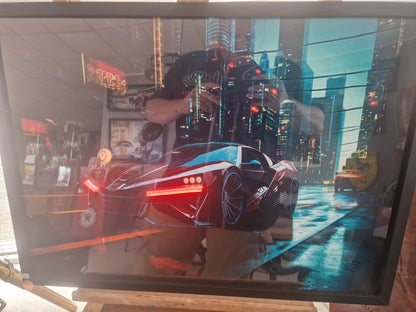 Cadre voiture futuriste 54×74 avec néons rouges – Voiture cyberpunk – Création artisanale Ardèche