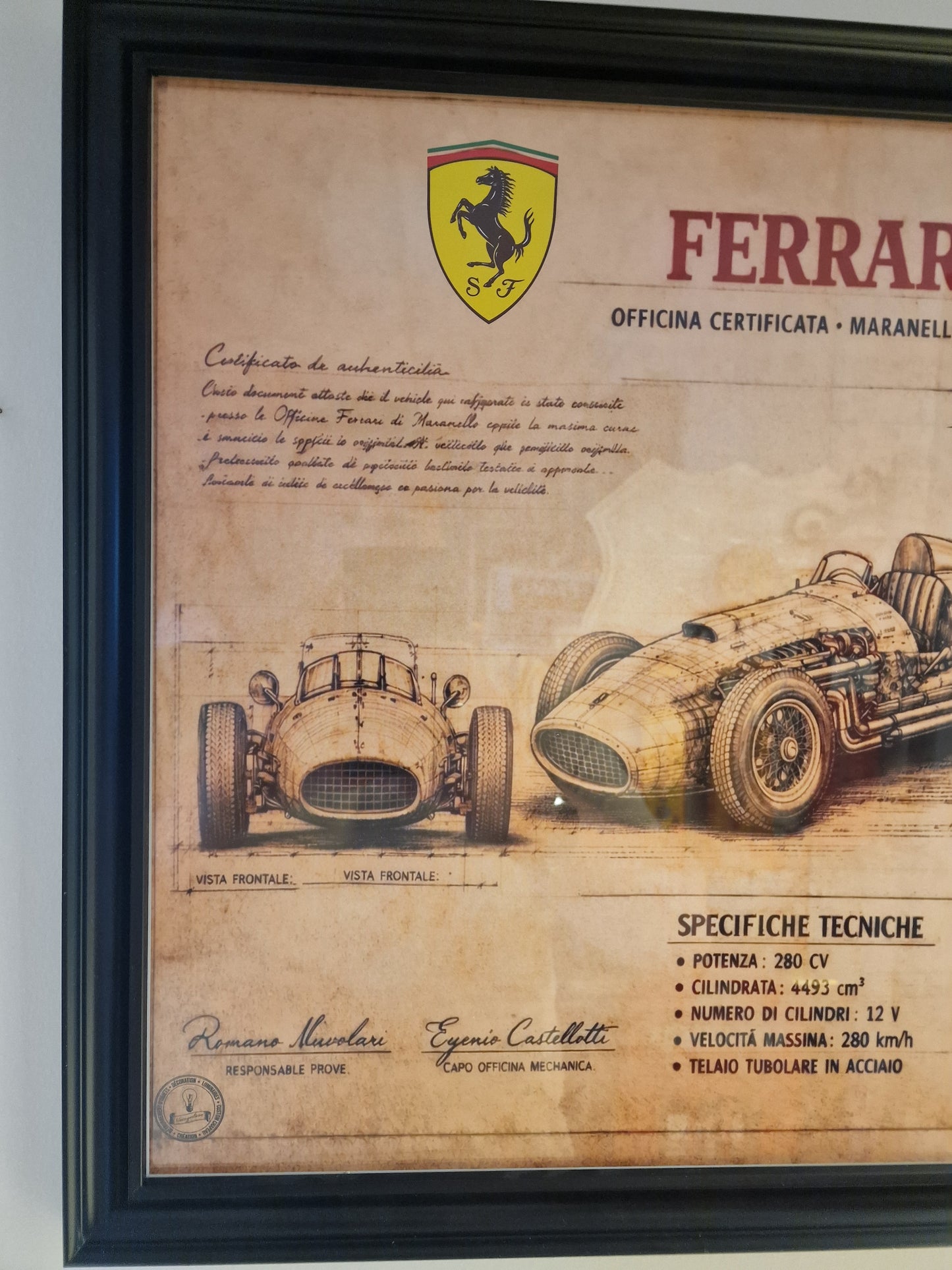 Cadre Ferrari 40x50 cm – Illustration technique vintage sous verre avec moulures