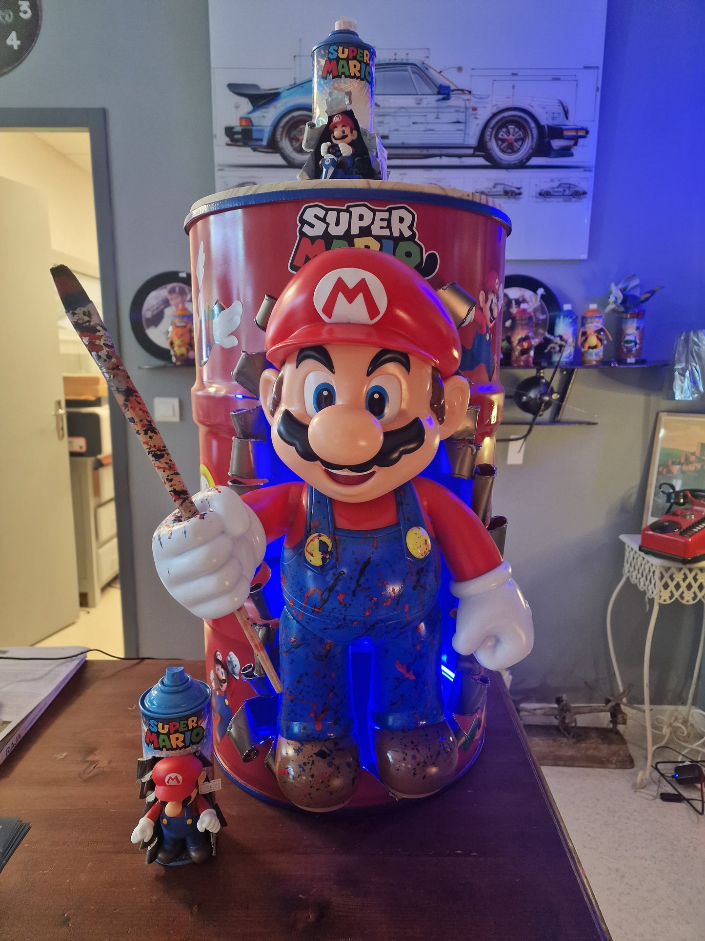 Table d’appoint super mario – Bidon métal custom 60L transformé en meuble design geek