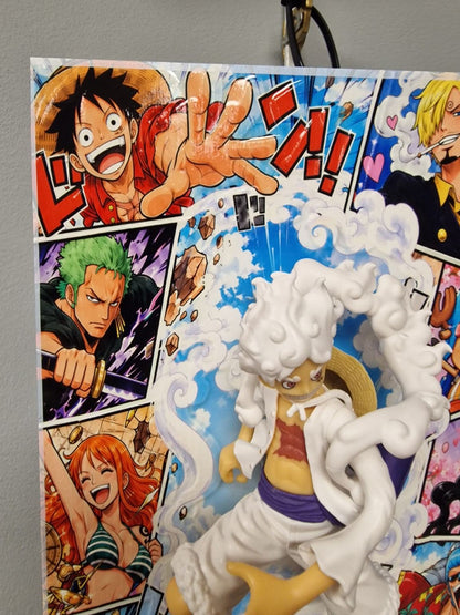 Gros plan Luffy Gear 5 et illustrations Zoro et Nami