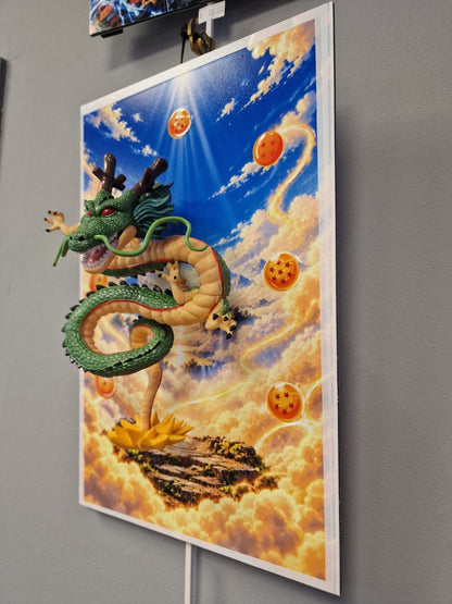 Détail et vue en perspective du tableau Shenron 3D fond en relief